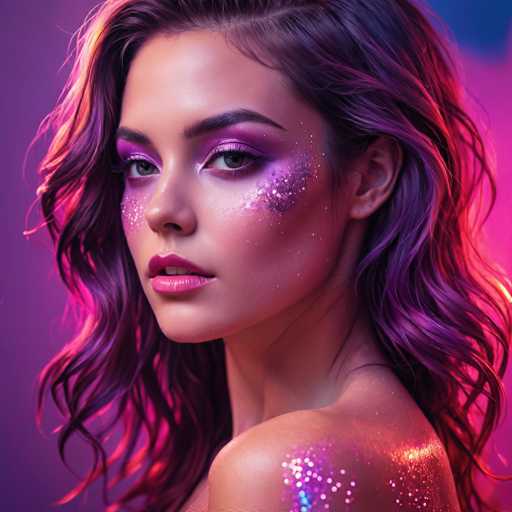 A captivating portrait features a woman with vibrant purple hair and makeup, adorned with shimmering glitter. She gazes directly at the viewer, her expression enigmatic. The soft, dreamy lighting and focus on skin texture create a glamorous, digital art style with a focus on ethereal beauty.