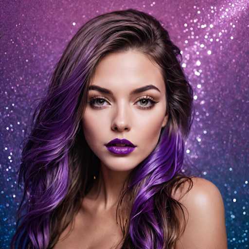 A stunning woman with vibrant purple hair and bold purple lipstick is the central focus, her gaze direct. She's positioned against a sparkly, gradient background of purple and blue, creating a glamorous, portrait-style image with a focus on beauty and makeup.