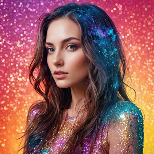 A glamorous woman with long, wavy hair adorned with sparkling blue and purple glitter commands the frame. She wears a shimmering, sequined top, her gaze direct and captivating. The background is a vibrant, abstract explosion of pink and orange sparkles, creating a festive, high-fashion portrait with a soft, dreamy aesthetic.