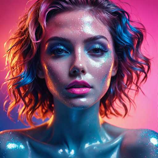 A close-up portrait of a young woman with vibrant, iridescent hair and makeup. The image is bathed in a soft, glowing light, creating an ethereal atmosphere. Her hair is styled in loose curls and features streaks of blue, pink, and orange, giving it a rainbow-like effect. Her makeup is equally striking, with shimmering glitter on her face and body, highlighting her features. She has large, expressive eyes that are accentuated with colorful eyeshadow and eyeliner. Her lips are painted a bold, glossy pink. The overall effect is one of otherworldly beauty and captivating glamour.