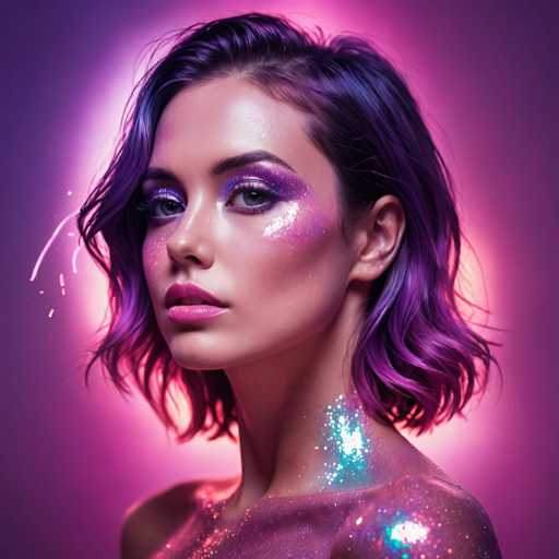 The image shows a close-up portrait of a woman with purple hair and makeup. The background is a gradient of pink and purple colors that creates a soft glow around the subject's face. The woman has her hair styled in loose waves, adding to the overall bohemian aesthetic of the photo.