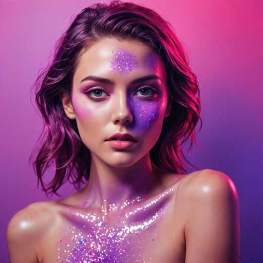 A close-up portrait features a young woman with vibrant purple hair, adorned with shimmering purple and pink glitter makeup. She gazes directly at the viewer, her skin subtly glowing. The soft, blurred background in shades of purple and pink enhances the dreamy, ethereal aesthetic of this glamorous, digitally enhanced portrait.