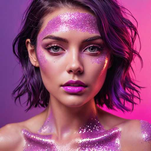 The image shows a close-up portrait of a woman with purple glitter on her face and body. The background is a gradient of pink and purple colors that complements the overall look. The woman's hair is styled in loose waves, adding to the bohemian aesthetic. She has dark eyes and a neutral expression, giving off an air of mystery.