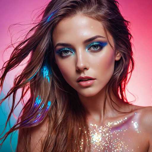 A stunning woman with flowing, wind-swept hair and vibrant, glittery makeup dominates the frame. She's positioned centrally against a gradient background of pink and teal, her gaze direct and captivating. The art style is glamorous and ethereal, emphasizing a fantastical, otherworldly aesthetic with the use of iridescent highlights.