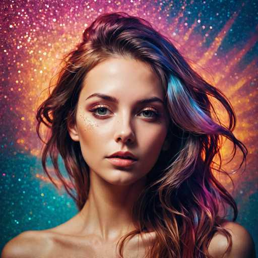 A stunning portrait features a young woman with flowing, wavy hair adorned with vibrant, iridescent highlights. She gazes directly at the viewer, her makeup emphasizing a glamorous, ethereal aesthetic with glitter accents on her cheekbones. The background is a burst of colorful, sparkling energy, creating a dreamy, fantastical atmosphere.