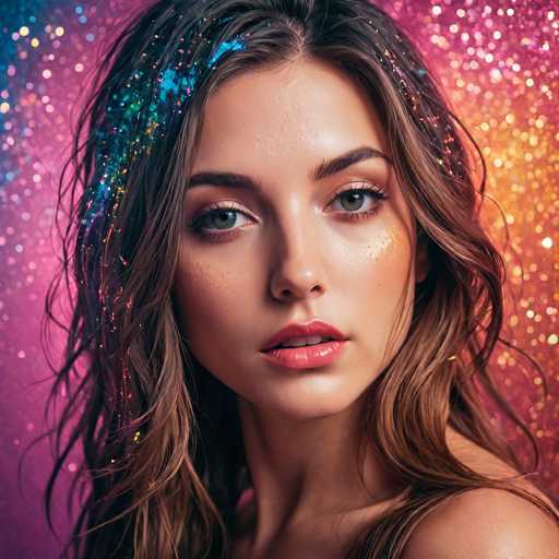 A glamorous, close-up portrait features a woman with long, wavy brown hair adorned with sparkling glitter. Her makeup is bold, emphasizing her expressive eyes and full lips. The background is a vibrant, abstract explosion of colorful glitter, creating a dreamy, fantastical aesthetic with soft lighting.
