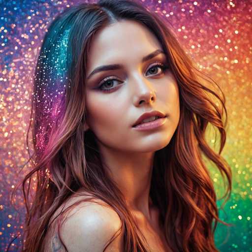 The image shows a close-up portrait of a young woman with long brown hair styled in loose waves and adorned with colorful glittery hair extensions that shimmer against the backdrop of a rainbow-colored background. The woman's face is turned towards the camera, creating an engaging and captivating portrait.