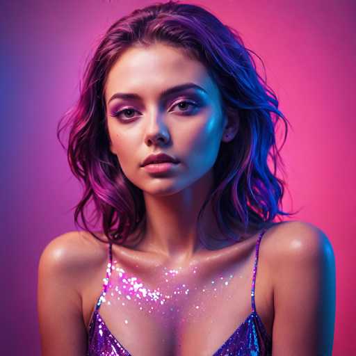 A young woman with vibrant purple hair and shimmering purple-sparkle top gazes directly at the viewer. She's bathed in a colorful, neon-lit ambiance with pink and blue hues creating a modern, glamorous portrait. The focus is on her face, highlighting her makeup and the dynamic lighting.