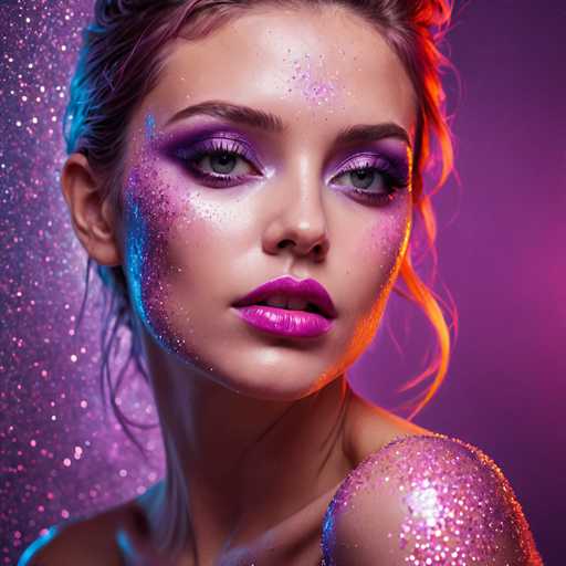 A close-up portrait of a young woman with vibrant, glittery makeup. She has striking purple eyeshadow, bold pink lipstick, and shimmering glitter all over her face, including on her cheeks, forehead, and neck. Her hair is styled in a voluminous updo with purple highlights, and the background is a soft blend of pink and purple hues with sparkling glitter effects. The lighting is dramatic, highlighting her features and creating a glamorous, fantastical aesthetic.