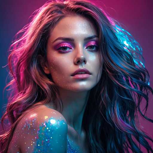 The image shows a close-up portrait of a woman with long brown hair and blue eyes. She is wearing a shimmering dress that reflects the light around her. The background is a gradient of purple and pink colors, creating a soft glow on the woman's face. The lighting from above casts a warm glow over the scene, highlighting the woman's features and adding depth to the image.