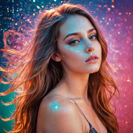 A young woman with long brown hair is the main subject of this image. She has her hair styled in loose waves and is wearing a black dress that contrasts with the colorful background behind her. The background features a gradient of colors, transitioning from pink to blue at the top and bottom respectively. There are small white specks scattered throughout the image, adding texture and depth to the scene.