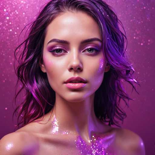 A glamorous, close-up portrait features a woman with vibrant purple hair and makeup, adorned with shimmering glitter. She's centrally positioned against a soft, blurred purple backdrop of sparkling particles. The art style is highly stylized and focuses on an ethereal, glamorous aesthetic with a focus on the subject's face.