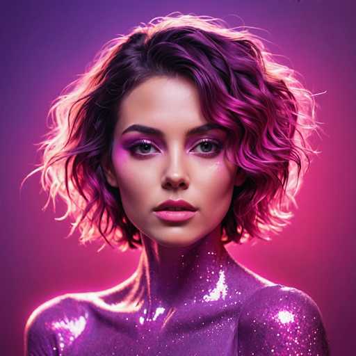 A glamorous, close-up portrait of a woman with vibrant purple, glittery hair and makeup dominates the frame. She's wearing a shimmering purple bodysuit, her gaze direct and captivating. The lighting is dramatic, with a soft purple glow highlighting the subject against a darker background, creating a modern, artistic aesthetic.