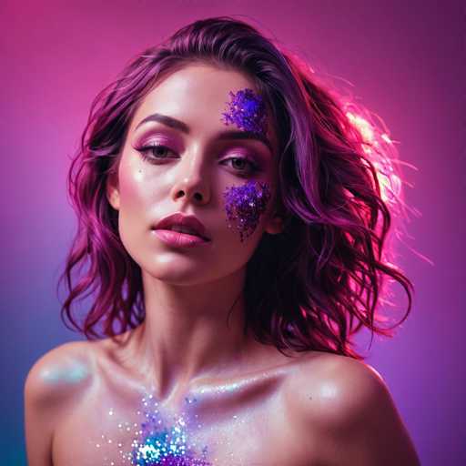 A woman with vibrant purple hair and glittery makeup dominates a close-up portrait. She's bathed in a soft, colorful light, with her face and shoulders adorned with sparkling purple glitter. The focus is on her expressive eyes and full lips, creating a glamorous, ethereal aesthetic with a dreamy, digital art style.