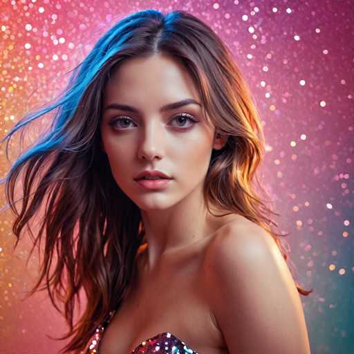 A glamorous woman with flowing, multi-toned hair is the central focus, bathed in a vibrant, sparkly backdrop of pink and blue bokeh. She's wearing a shimmering, strapless top, her gaze direct and captivating. The image is a portrait with a soft, dreamy aesthetic, emphasizing the subject's beauty and the festive atmosphere.