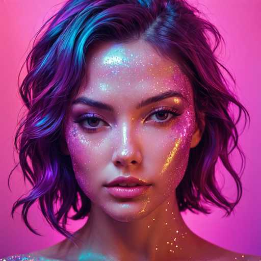 A close-up portrait features a woman with vibrant, iridescent purple and blue hair, adorned with shimmering glitter makeup. Her face is softly illuminated by a pink and purple gradient background, creating an ethereal, futuristic aesthetic. The focus is on her expressive eyes and delicate features, emphasizing a dreamy, otherworldly beauty.
