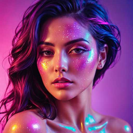 A close-up portrait features a woman with vibrant, iridescent purple and pink hair, adorned with glowing glitter makeup. Her eyes are captivating, and her expression is direct. The lighting creates a dreamy, futuristic aesthetic with soft gradients of purple and pink dominating the background.
