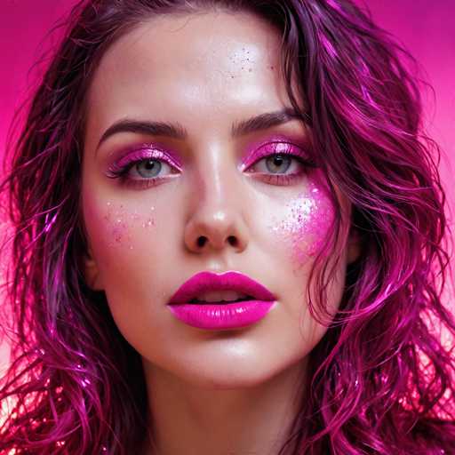 A close-up portrait features a woman with vibrant, curly magenta hair and striking pink makeup. Glitter adorns her face, creating a glamorous, almost ethereal effect. The focus is on her intense gaze and bold makeup, set against a soft pink backdrop. The style is high-fashion, emphasizing dramatic beauty and a playful aesthetic.