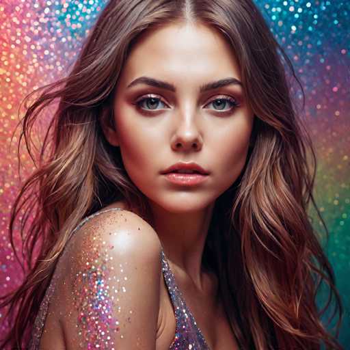 A glamorous woman with long, wavy brown hair and sparkling makeup gazes directly at the viewer. She's wearing a shimmering, sequined top against a vibrant, colorful bokeh background. The focus is on her intense, captivating eyes and full lips, creating a portrait with a soft, dreamy, and slightly ethereal aesthetic.
