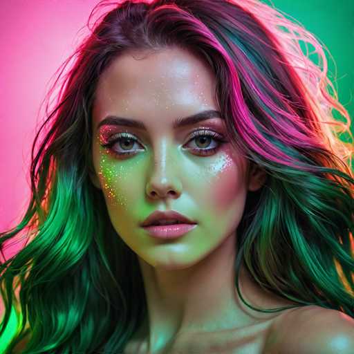 A close-up portrait of a young woman with vibrant, multi-colored hair. The hair is styled in loose waves and features streaks of bright green, pink, and teal. Her makeup is bold, with glitter accents on her cheeks, eyes, and lips, creating a fantastical, otherworldly look. She has large, expressive eyes with dark eyeliner and shimmering eyeshadow. Her skin is fair and appears to have a subtle glow, possibly enhanced by the lighting. The background is a gradient of neon pink and green, further emphasizing the vibrant colors in her hair and makeup. The overall lighting is soft and diffused, highlighting the woman's features and creating a dreamy atmosphere.