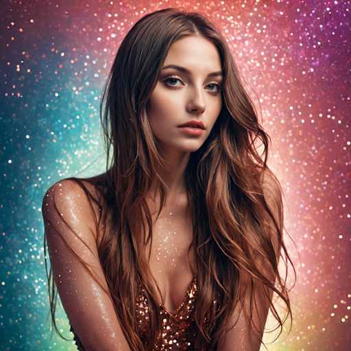 A glamorous woman with long, wavy brown hair and sparkling golden accents is centrally positioned against a vibrant, colorful backdrop of shimmering bokeh lights. She wears a sparkly gold top and gazes directly at the viewer, exuding confidence and allure. The art style is a blend of portraiture and digital fantasy, emphasizing a dreamy, ethereal quality with the bokeh effect.
