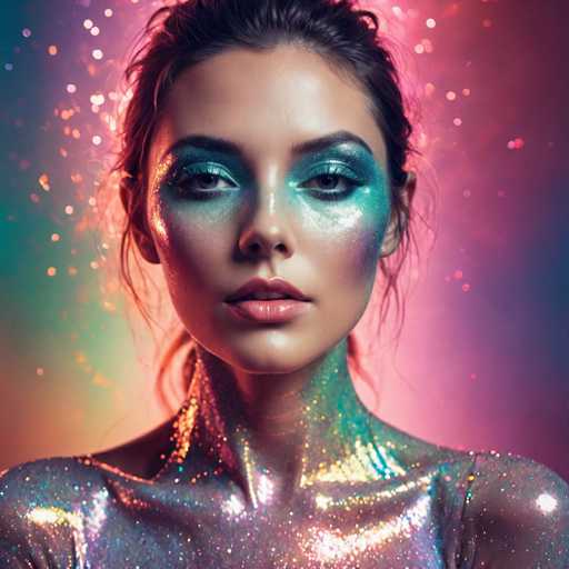 The image shows a close-up portrait of a woman with a unique and striking appearance. She is wearing a shimmering silver body paint that gives her an ethereal glow against the backdrop of a pinkish-purple background speckled with white specks. The woman's face is adorned with blue and green glitter, adding to her overall radiant look. Her hair is styled in loose waves, complementing her striking appearance.