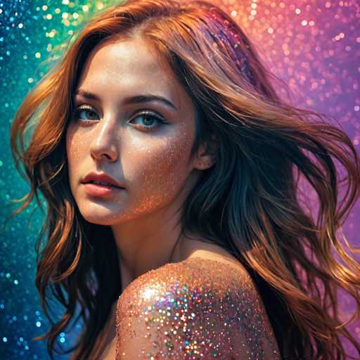 A stunning woman with flowing, glitter-dusted red hair gazes directly at the viewer. She's adorned in a shimmering, iridescent garment and surrounded by a vibrant, sparkling backdrop of rainbow-colored bokeh. The art style is fantastical and ethereal, emphasizing a dreamlike quality with soft lighting and a focus on the subject's captivating expression.