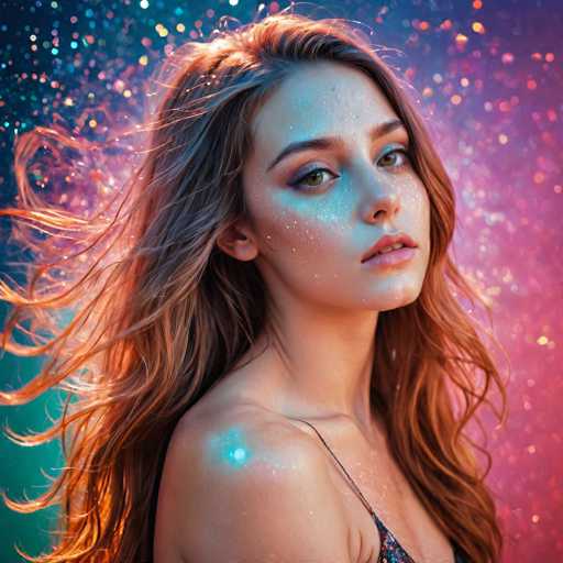 A young woman with flowing, wavy copper hair and shimmering, glittery makeup is the central focus. She gazes directly at the viewer against a vibrant, colorful backdrop of sparkling particles in shades of teal and pink. The art style is fantastical and ethereal, emphasizing a dreamy, otherworldly quality with the soft lighting and dynamic hair movement.
