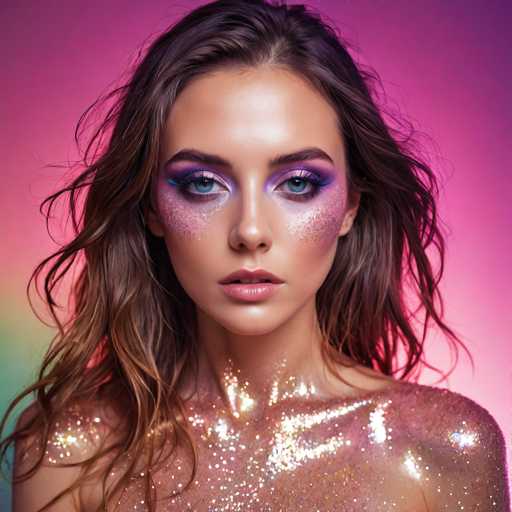 The image shows a close-up portrait of a woman with long brown hair and blue eyes. She is wearing a shimmering dress that sparkles under the light, giving her an ethereal appearance. The background is a gradient of pink and purple colors, which complements the woman's attire and enhances the overall visual appeal of the image.