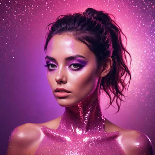 The image shows a close-up portrait of a woman with long dark hair styled into a ponytail and wearing a pink glittery makeup look. The background is a gradient of purple and pink colors, creating a shimmering effect that highlights the woman's face and upper body.