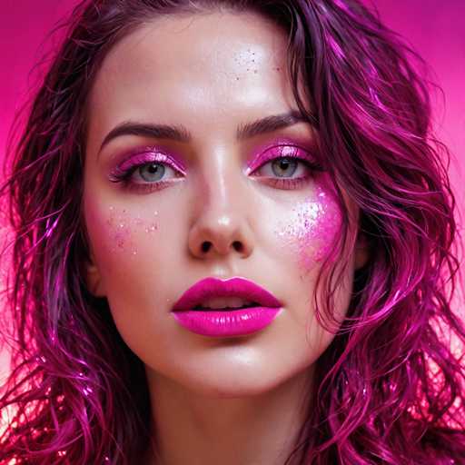 The image shows a close-up portrait of a woman with long, dark hair styled in loose curls. She is wearing pink lipstick and has glittery makeup on her face, giving the impression that she is at a party or special event. The background is a gradient of purple, which complements the overall color scheme of the image.