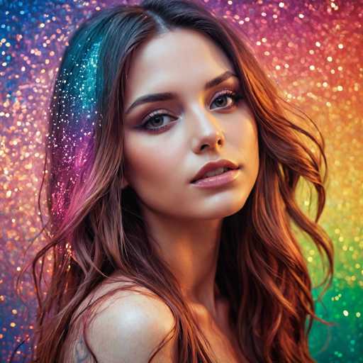 A woman with long, wavy brown hair and a vibrant, rainbow-colored glitter backdrop is the central focus. She gazes directly at the viewer with a soft, alluring expression. The image employs a dreamy, ethereal art style with a focus on soft lighting and a colorful, fantastical atmosphere.