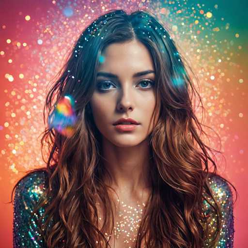 A woman with long, wavy brown hair and sparkling iridescent sequins on her top is looking directly at the viewer. She has a soft, slightly melancholic expression and her eyes are light blue. The background is a vibrant, colorful bokeh of lights in shades of orange, pink, and blue, creating a dreamy, festive atmosphere. The lighting is soft and diffused, highlighting the woman's features and the sparkle of her clothing.