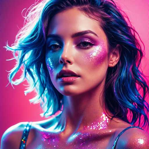 A close-up portrait features a woman with vibrant, iridescent blue and purple hair, adorned with sparkling glitter makeup. She gazes directly at the viewer, her expression serene. The lighting is dramatic, with a pink and purple gradient background emphasizing the overall futuristic, glamorous aesthetic of this digital art piece.
