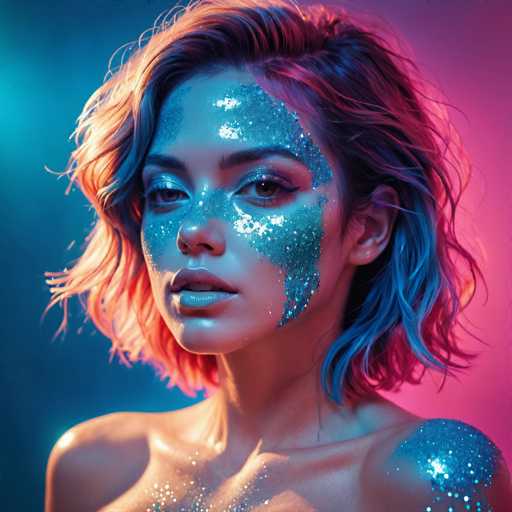 A close-up portrait features a woman with vibrant, glittery makeup and colorful, textured hair. She's bathed in neon blue and pink lighting, creating a futuristic, artistic aesthetic. The focus is on her face, with the glittery makeup serving as a striking focal point against her bare shoulders.