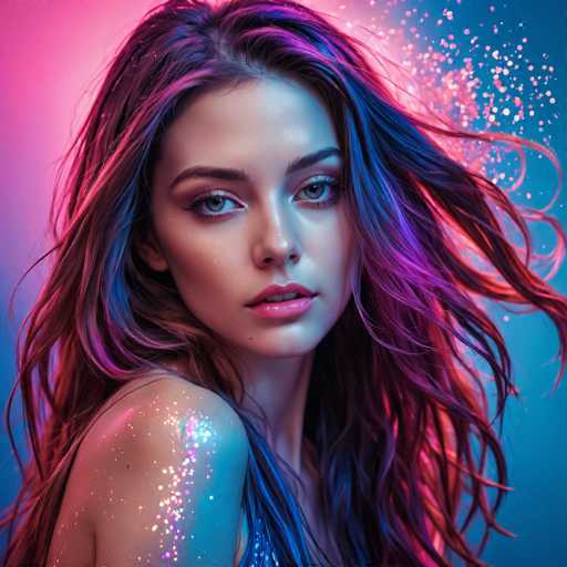 A stunning portrait features a woman with flowing, vibrant hair in shades of pink, purple, and blue. She gazes directly at the viewer with captivating eyes, her skin subtly shimmering with glitter. The soft, dreamy lighting and ethereal background create a fantastical, digital art style emphasizing a sense of otherworldly beauty.