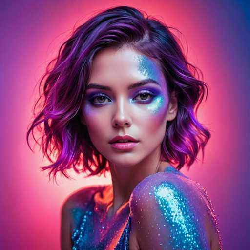 A stylish woman with vibrant purple hair and shimmering blue eyeshadow commands attention in a close-up portrait. She's wearing a sparkling, iridescent outfit and gazes directly at the viewer. The image features a bold, futuristic art style with a soft, gradient background of pink and purple hues.