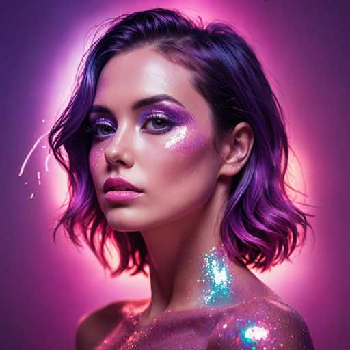 A glamorous, close-up portrait features a woman with vibrant purple hair and shimmering makeup. She's bathed in a soft, purple-pink light, with sparkling glitter accents on her skin and clothing. The focus is on her expressive eyes, creating a dreamy, ethereal aesthetic with a modern, digital art style.