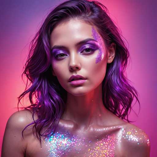 A striking portrait features a woman with vibrant purple hair and glitter-covered skin, her makeup emphasizing bold purple eyeshadow. She gazes directly at the viewer against a gradient background of pink and purple hues, creating a glamorous, high-fashion aesthetic. The focus is on her face, with the glitter adding a fantastical touch to the overall image.