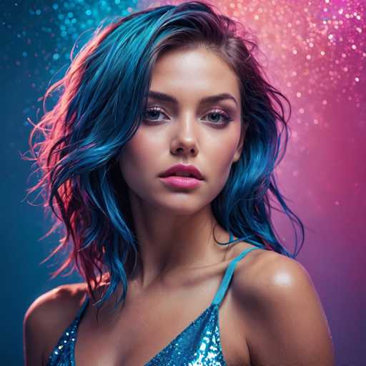 The image shows a woman with long blue hair wearing a sparkly dress and standing against a purple background speckled with pink and blue lights.