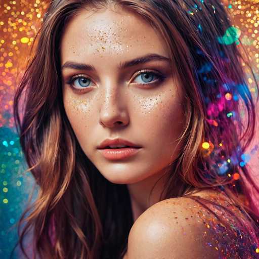 The image shows a close-up portrait of a young woman with long brown hair and blue eyes. The background is a vibrant mix of colors including orange, green, purple, and pink, creating an artistic and colorful atmosphere. The woman's face is the main focus, with her eyes looking directly at the camera. She has makeup on, adding to the overall aesthetic of the image.