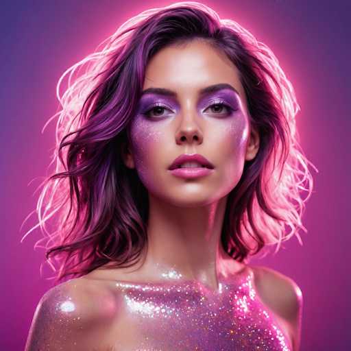 A glamorous, close-up portrait of a woman with vibrant purple hair and shimmering makeup dominates the frame. She's bathed in a soft, glowing purple light, her face illuminated by sparkling highlights. The art style is highly stylized and digital, emphasizing a futuristic, ethereal aesthetic with an emphasis on texture and luminescence.