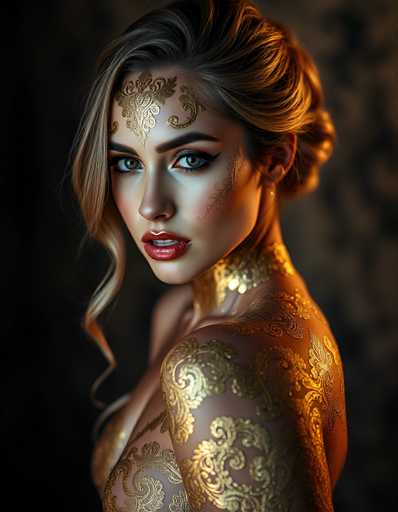 A stunning, digitally-rendered portrait features a woman with striking blue eyes and golden hair adorned in intricate gold body paint. She wears a matching gold choker and garment, her gaze direct and captivating. The art style is highly detailed and fantastical, with a focus on dramatic lighting and an opulent, almost ethereal quality.