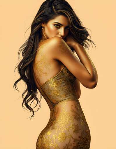 A woman with long brown hair is wearing a gold dress that has a floral pattern on it and is standing against a light peach background.