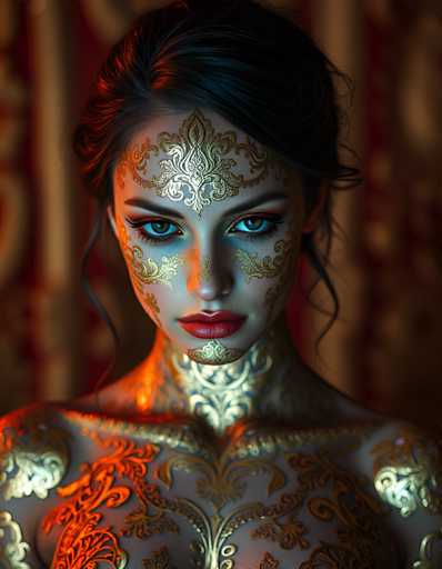 A close-up portrait of a woman with striking blue eyes, adorned in intricate golden body paint. The body paint features elaborate patterns resembling traditional Indian or Middle Eastern designs, covering her face, neck, and upper body. The paint has a metallic sheen, catching the light in shades of gold and silver. Her hair is dark and styled with a few loose strands framing her face, and she has a subtle, slightly melancholic expression. The background is blurred but appears to be a warm, textured fabric in shades of red and gold, creating a soft, ethereal atmosphere. The lighting is focused on the woman's face, highlighting her features and the intricate details of the body paint.