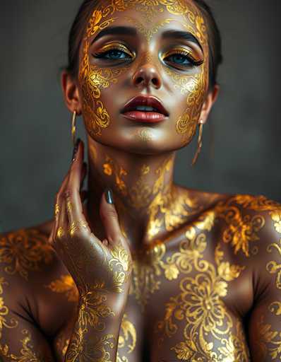 A close-up portrait features a woman adorned with intricate golden body paint, resembling a stylized floral design. Her face and upper body are the focal point, with her hands delicately framing her face. The art style is highly detailed and artistic, emphasizing a luxurious and ornate aesthetic with a focus on texture and light.