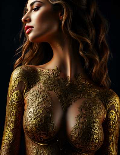 A woman with long brown hair is wearing a gold dress that has intricate designs on it and is positioned against a black background.