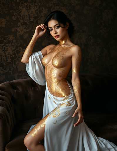 A woman with gold leaf tattoos on her arms and legs is posing for a portrait. She is wearing a white dress that has gold designs on it. The background features a dark brown wall with a floral pattern.
