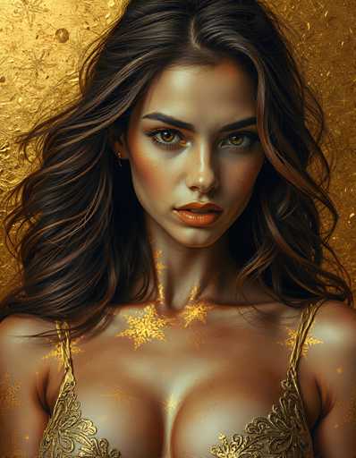 A stunning, close-up portrait of a woman with long, wavy brown hair and golden skin dominates the frame. She gazes directly at the viewer, her expression intense. The art style is highly stylized and opulent, with a golden, textured background emphasizing the woman's radiant beauty.