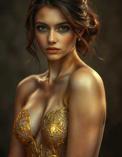 A stunning, close-up portrait features a woman with captivating green eyes and intricately detailed golden attire. She's positioned centrally, her gaze direct, against a softly blurred, dark background. The art style is photorealistic, emphasizing skin texture and soft lighting to create a sensual, intimate feel.